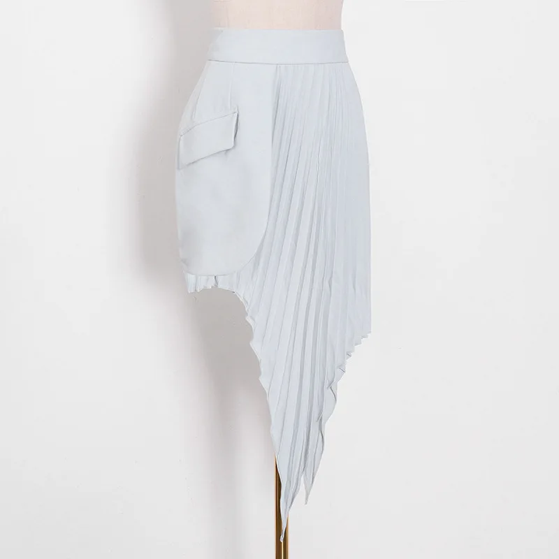 Two Piece Set Women Crop Blazer+Asymmetrical High Waist Pleated Midi Skirt enlarge