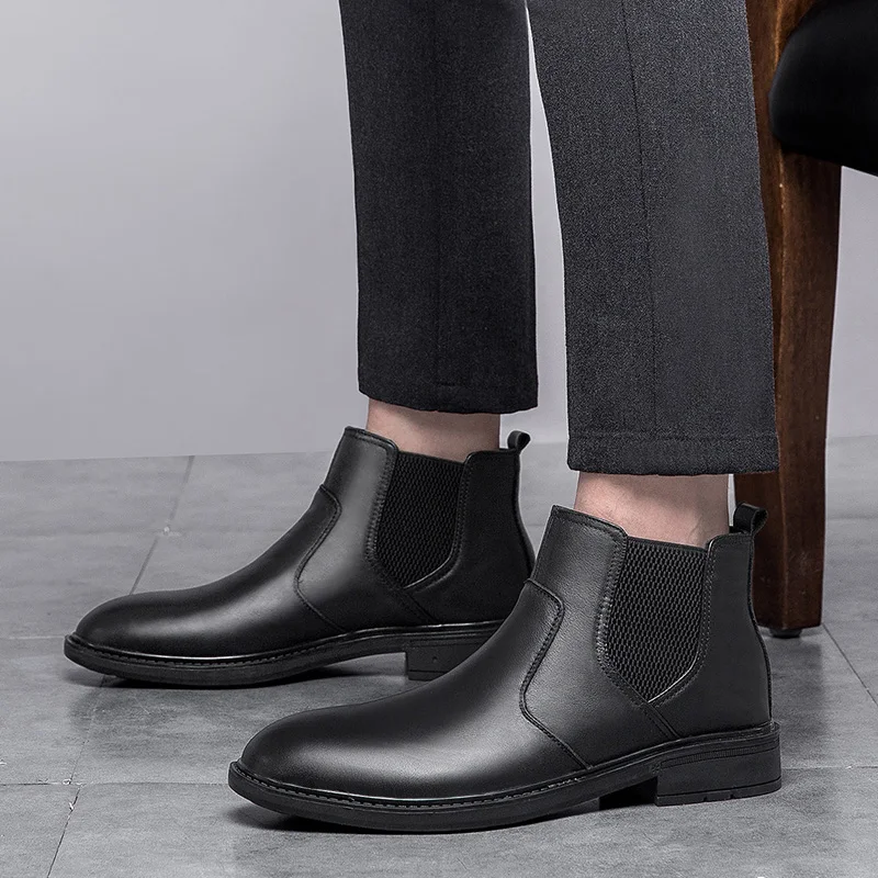 Мужские кожаные ботинки челси коричневые ботильоны без застежек теплые в