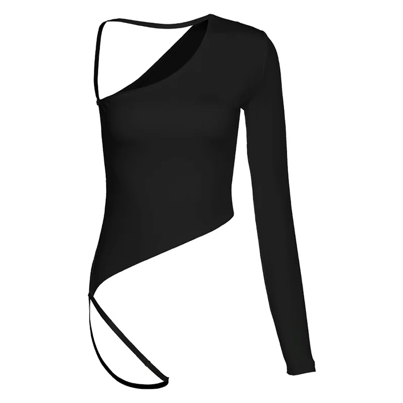 

2021 Spring Fashion Women's New Style Oblique Collar Unilateral Sleeves Exposed Umbilical Irregular All-match Slim T-shirt