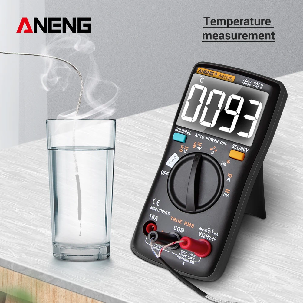 AN113D Digital Multimeter 6000 Counts Electrical Transistor Tester Temperature Auto Ranging AC/DC Voltage Meter for Electrician