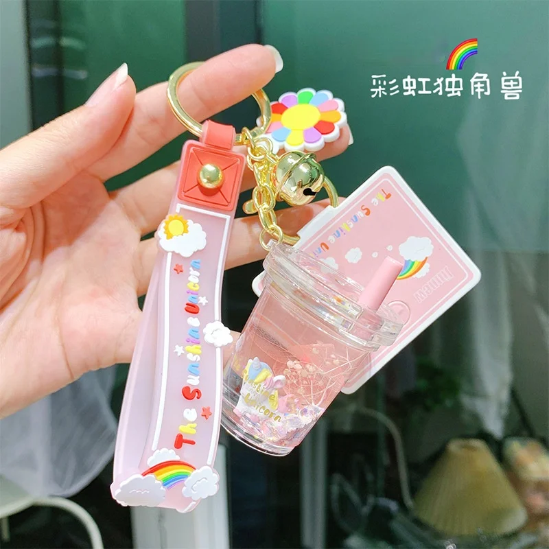 Creative Cartoon Rainbow Unicorn Charm Keychain   Cute Slick Quicksand Keychain    Ladies Fashion Backpack Mobile Phone Keychain