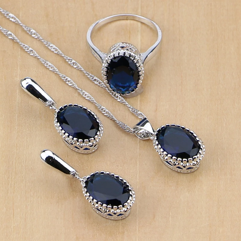 

Natural 925 Sterling Silver Jewelry Blue Cubic Zirconia Jewelry Sets For Women Earring/Pendant/Necklace/Ring
