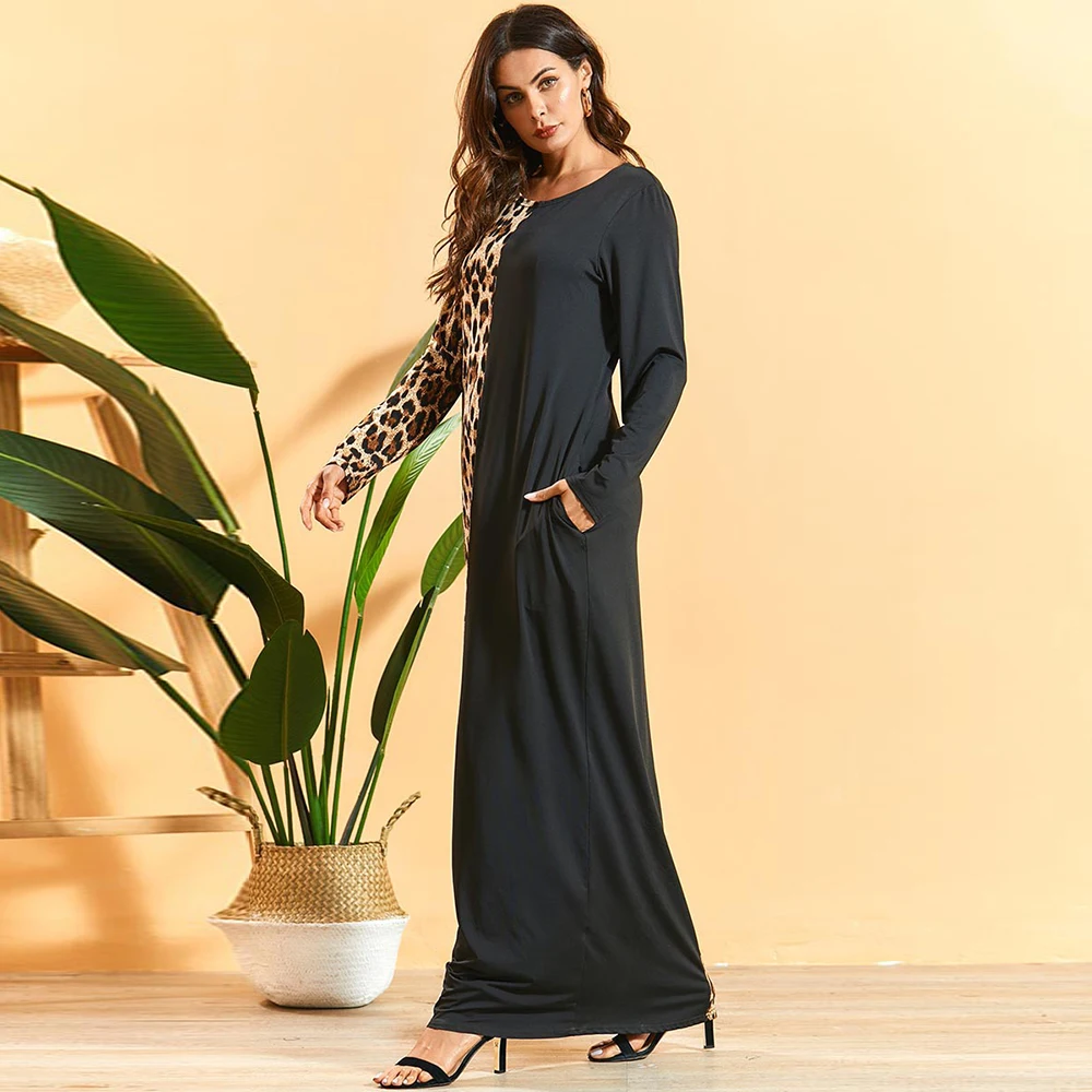 

Turkey Arab Autumn Maxi Dress Women Muslim Middle East Leopard Patchwork Long Sleeve Pencil Dress Loose Casual Arabian Clothing