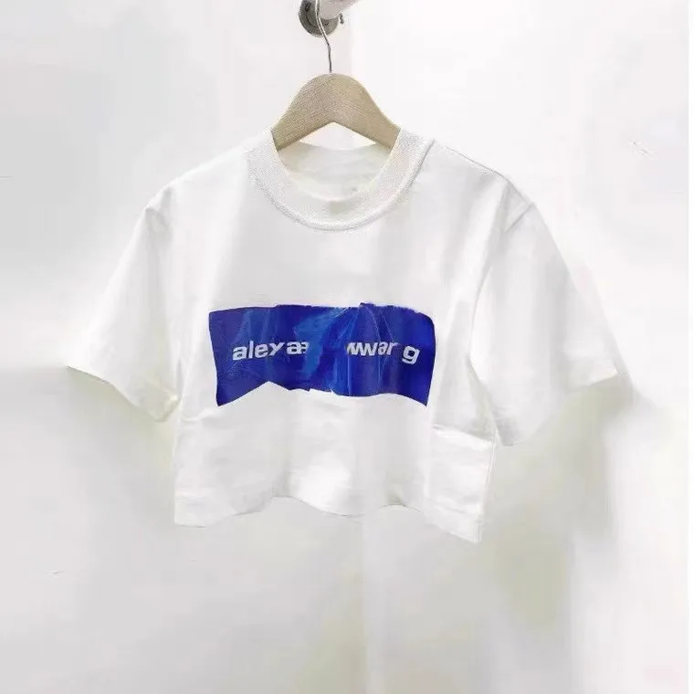 

WANG 2021 New AW Loose Round Neck Letter Printing Short T-shirt Female High Waist Leaking Belly Button Top