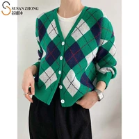 woman sweater autumn long batwing sleeve cardigan fall knitted coat v neck diamond check single breasted button korean style new