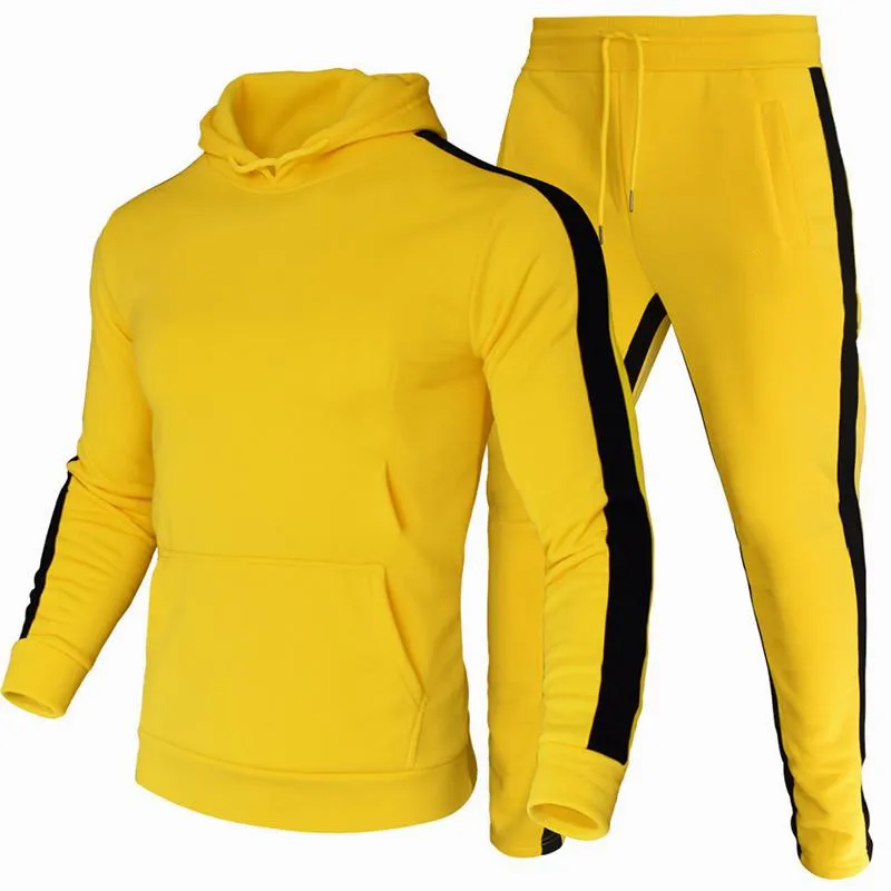 

2 Pieces Sets Tracksuit Men New Brand Autumn Winter Hooded Sweatshir+Drawstring Pants Male Stripe Patchwork Hoodies Casual Suits