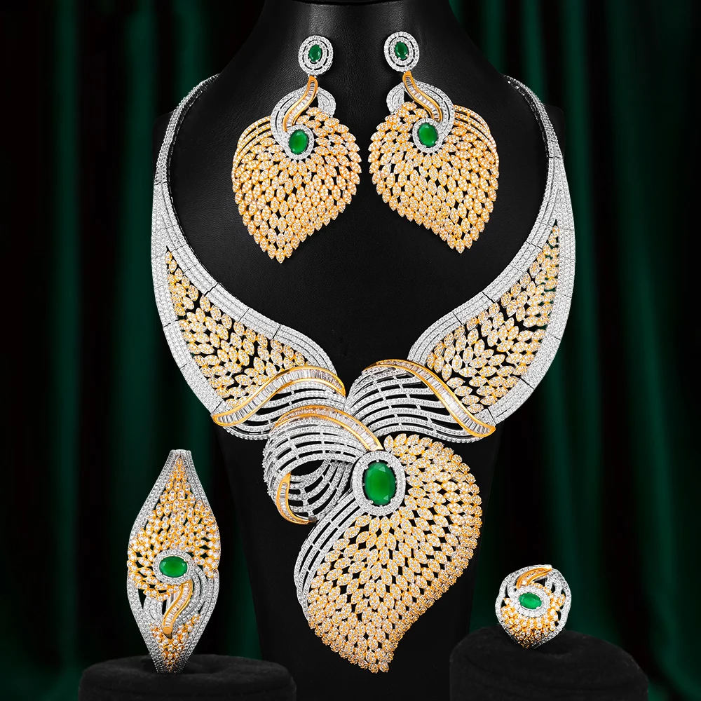 

Blachette High Quality Luxury Feather 4PCS For Women Wedding Banquet African Indian Cubic Zircon Dubai Bridal Jewelry Sets