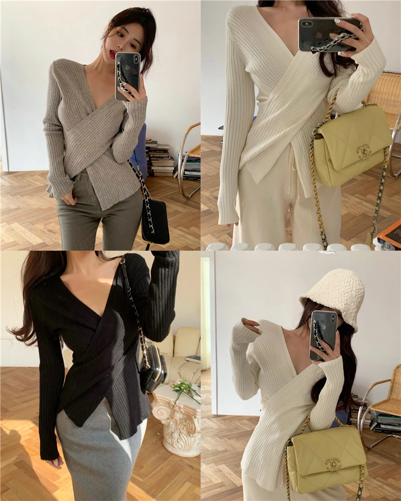 

3Colors womens knitted Sweater Autumn and winter 2021 loose korean style irregular v neck Sweaters and pullovers womens (R99513)