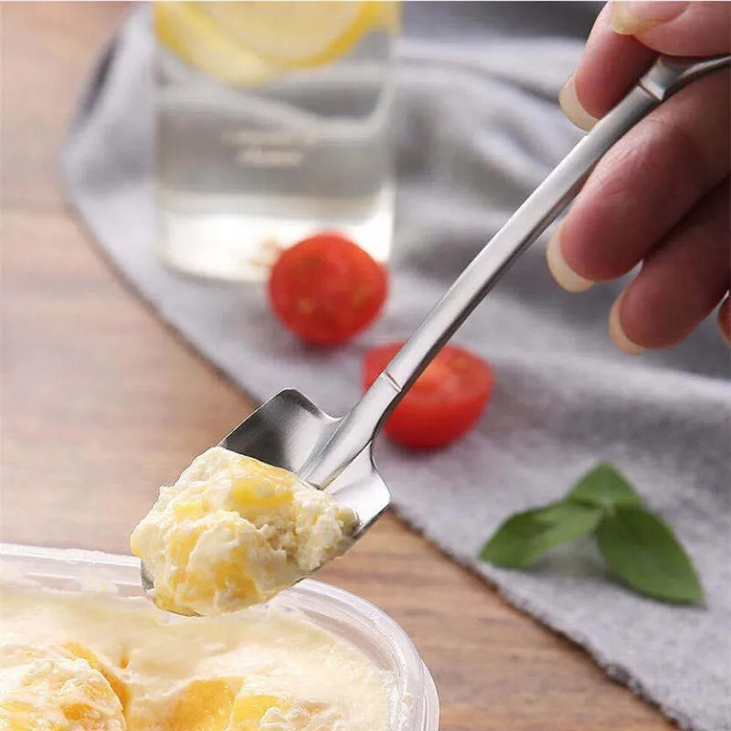 

10PCS Set Cute Dessert Spoons Mini Coffee Spoon Shovel Shape Retro Square Head Small Ice Cream Spoon Fork Metal Stainless Steel