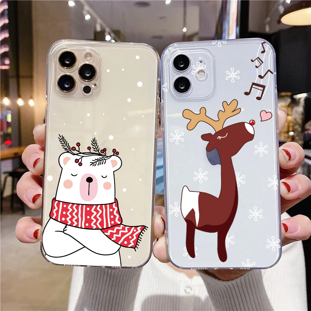

Рождественские и новогодние подарки, чехол для телефона с оленем для iPhone 13, 12, 7, 8 Plus, SE20, прозрачные мягкие чехлы из ТПУ для iPhone 11 Pro, Max, XR, XS, чех...
