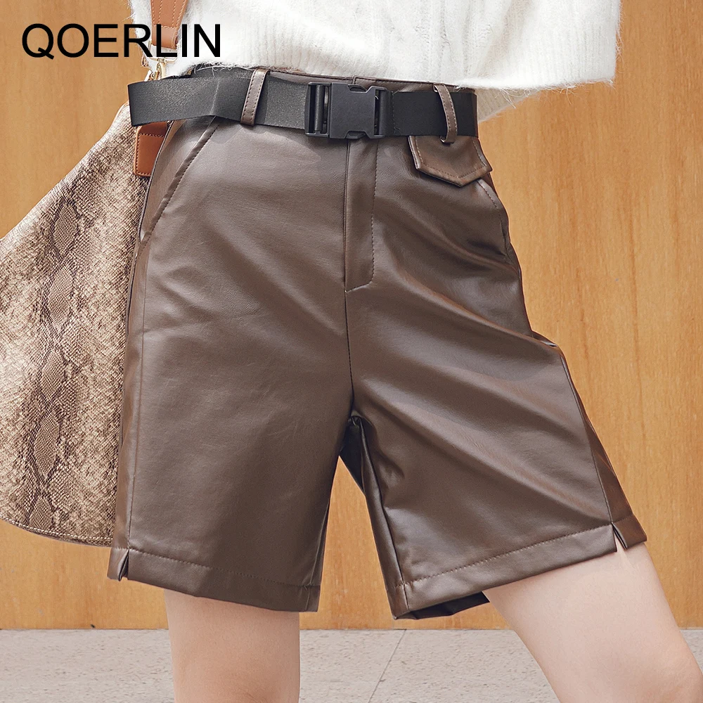 

QoerliN Khaki Bermuda Shorts Women Streetwear PU Shorts No Belt Back Fake Pocket Leather Shorts Casual Straight Trouser Plus