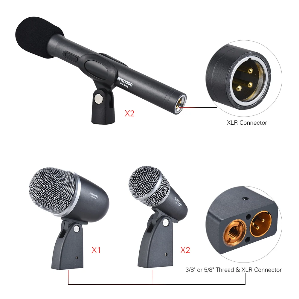 Ammoon DM-DX8 микрофон 5 шт Профессиональный проводной набор микрофонный с монтажные