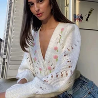 elegant hollow out floral print women cardigan spring fall 2021 new casual single breasted sweater coat v neck cute knitted top