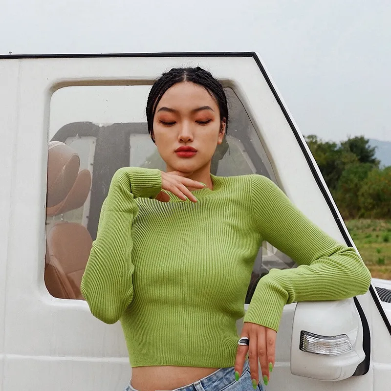 

2019 winter new round neck solid color bottoming knitted sweater women, sexy slim slimming umbilical long-sleeved sweater women