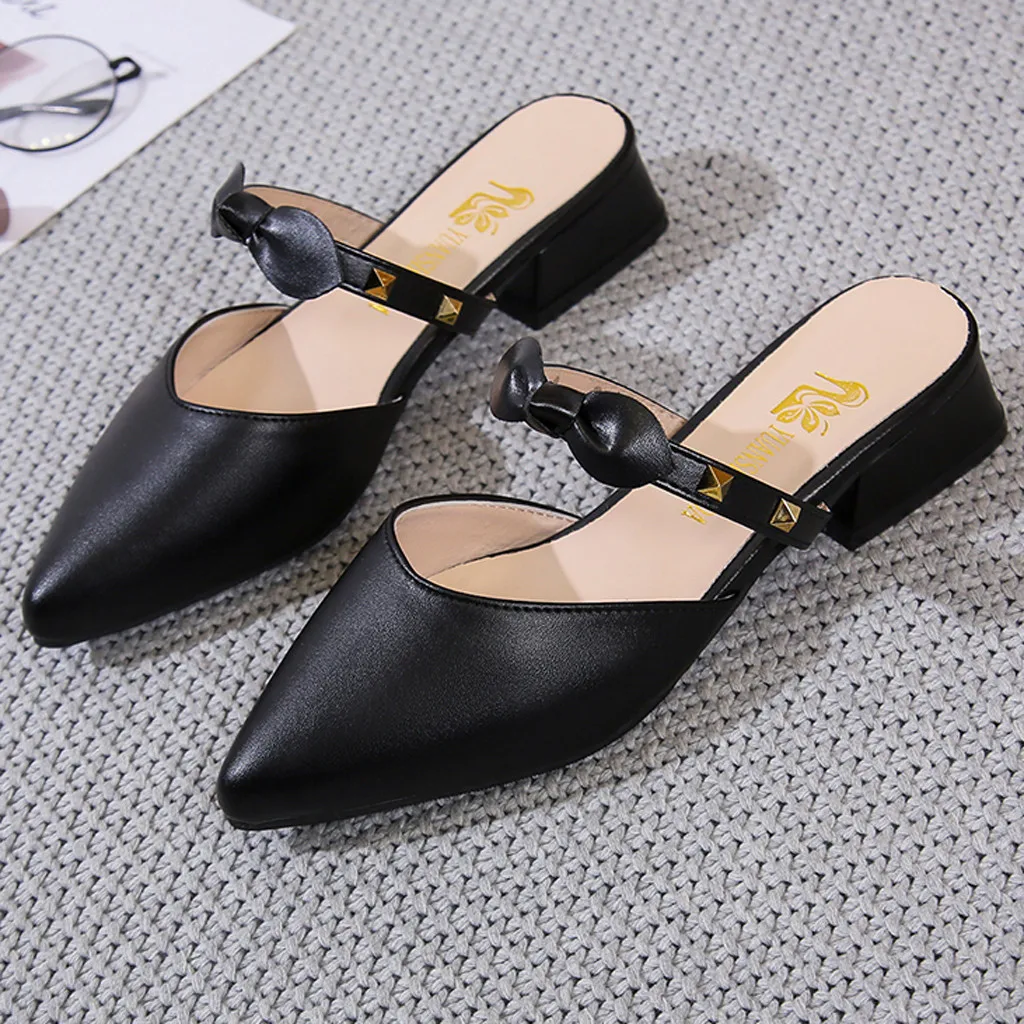 Женские шлепанцы с острым носком и бантом повседневные тонкие туфли на плоской