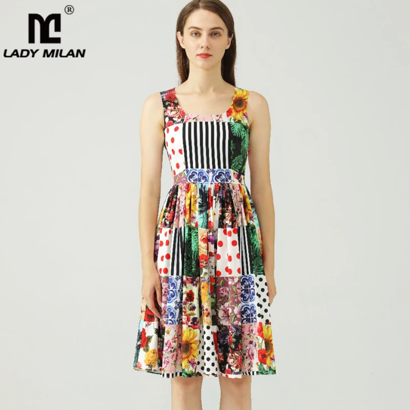 

Women's Runway Dresses Scoop Neckline Sleeveless Floral Printed Fashion Holiday Dress Vestidos