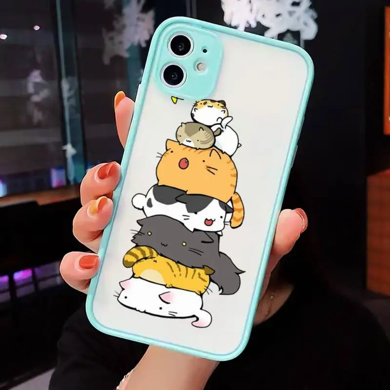 

Cute cartoon cat Phone Case For iPhone 12 11 Mini Pro XR XS Max 7 8 Plus X Matte transparent blue Back Cover