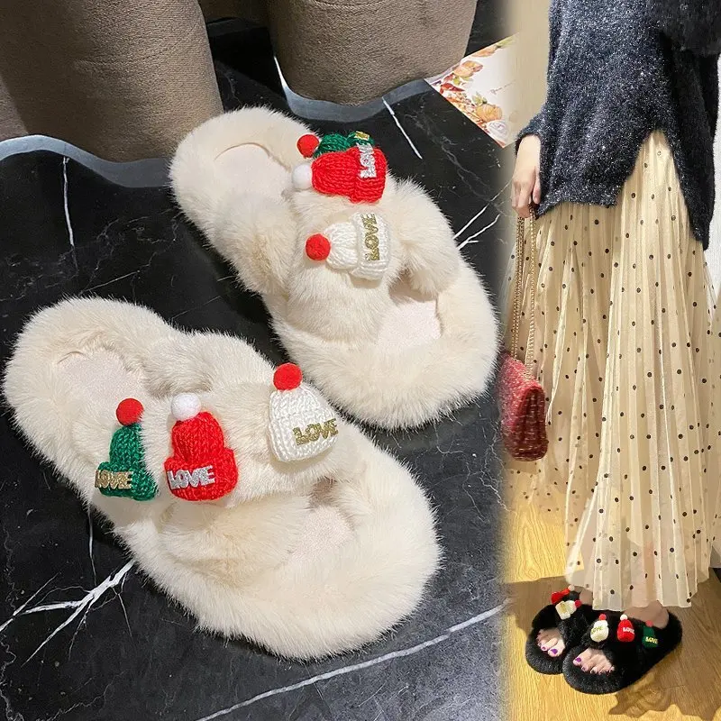 

Lovely Women Home Slippers Winter Warm Shoes Woman Slip on Flats Slides Female Faux Fur Slippers 35-40 Wholesale Slippers