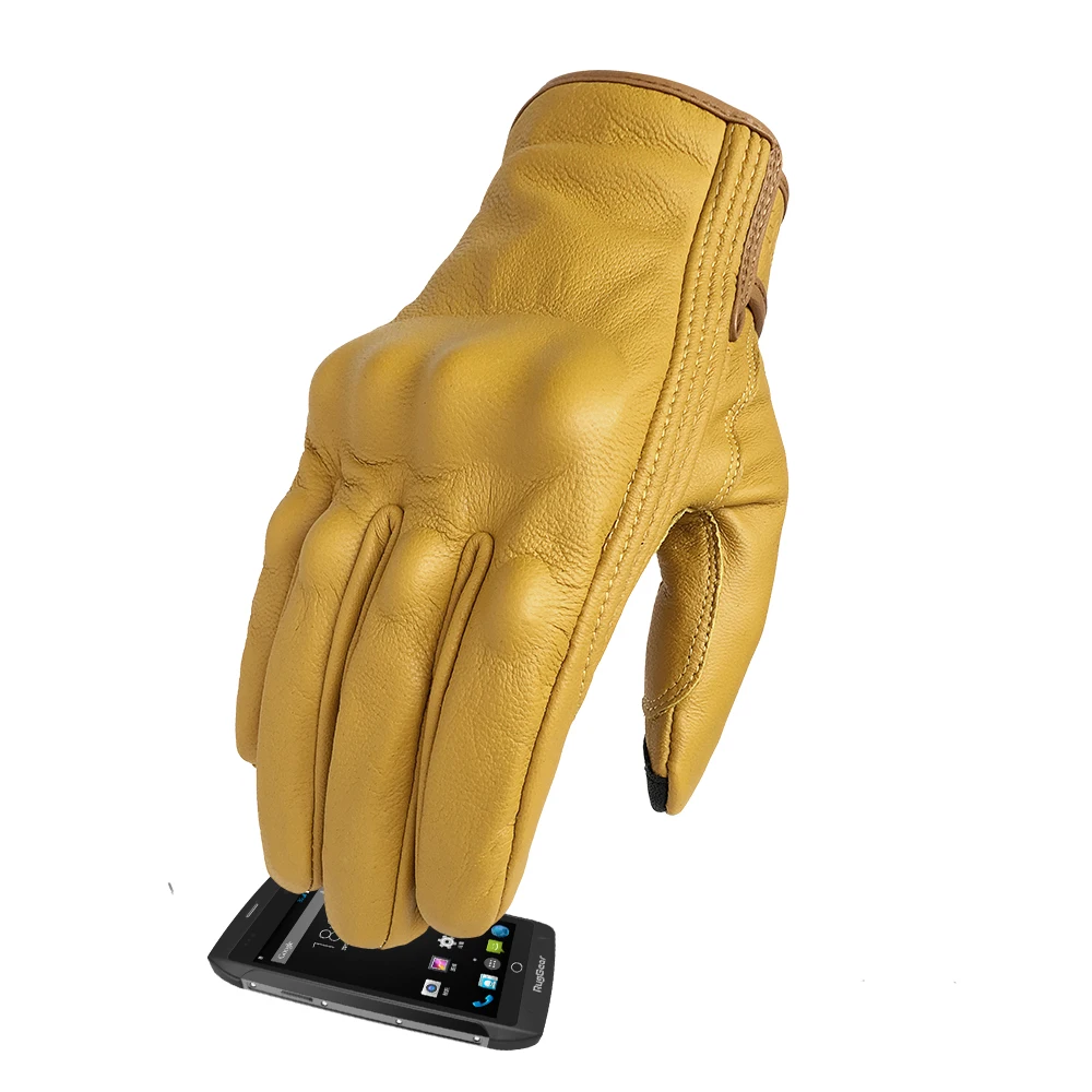 

New Leather Motorcycle Gloves Touch Screen Yellow Racing Cycling For Men Genuine Goatskin Moto Glove Motorbike Riding Dirt Bike