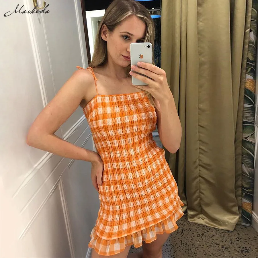 Маленькие яркие оранжевые клетчатые мини платья Macheda женское летнее платье с