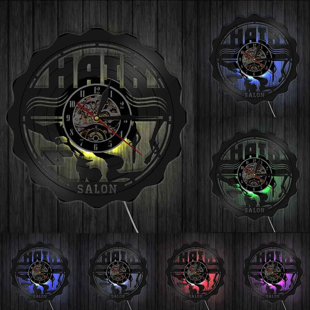 

Barber Shop Hairdresser Wall Art Decor Quiet Clock Watch Vintage Design Hair Stylist Hair Salon Vinyl Record Wall Clock