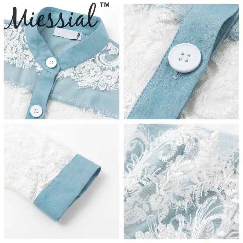 Miessial, Лоскутная Прозрачная сетчатая Джинсовая блузка, рубашка, женская элегантная кружевная Цветочная Осенняя рубашка, топ, женская модная уличная одежда