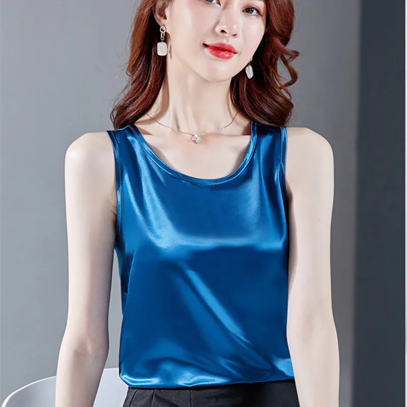 Корейский Шелковый женский топ Женская атласная майка без рукавов Женский