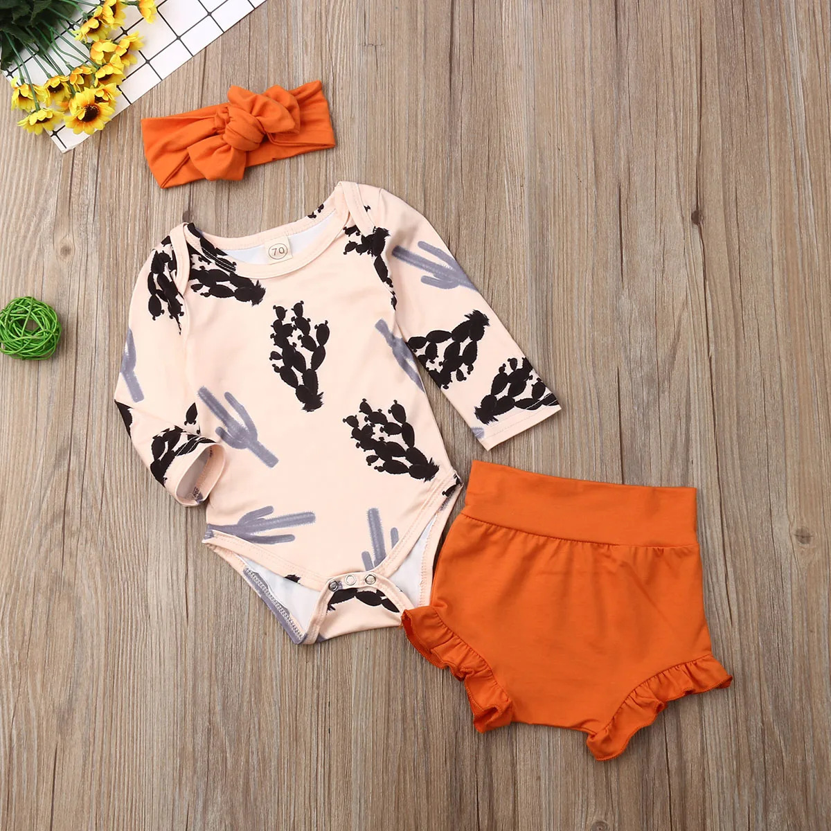 Комплект из 3 предметов для новорожденных девочек топы с принтом кактуса