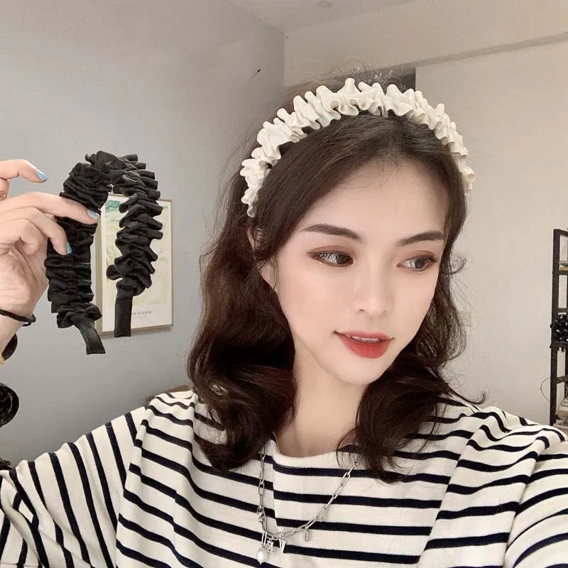 

Simple Black White Solid Color Wide Hairbands Elegant Women Ruffle Hair Hoop Fashion Lady Hairwear Casual Hair Accessory
