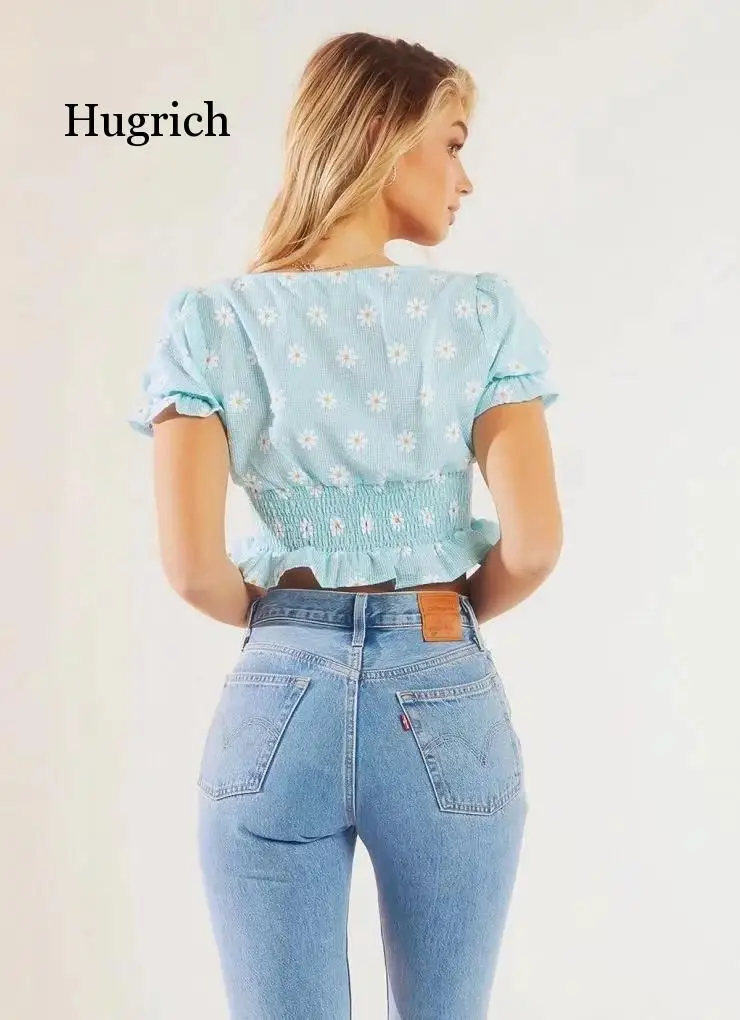 

Women Short Puff Sleeve Tops 2021 Korean Fashion New Women's Summer Daisy Elastic Waist Short Blouses Shirts Feminine