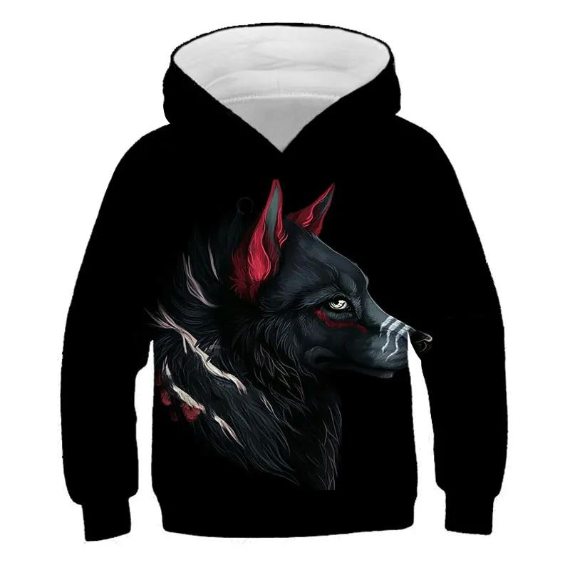 

2021 Autumn New Cartoon Animals Graphic Wolf Funny Hoodies For Boys and Girls Long Sleeve Sweatshirt Tops Print Kids Clothes