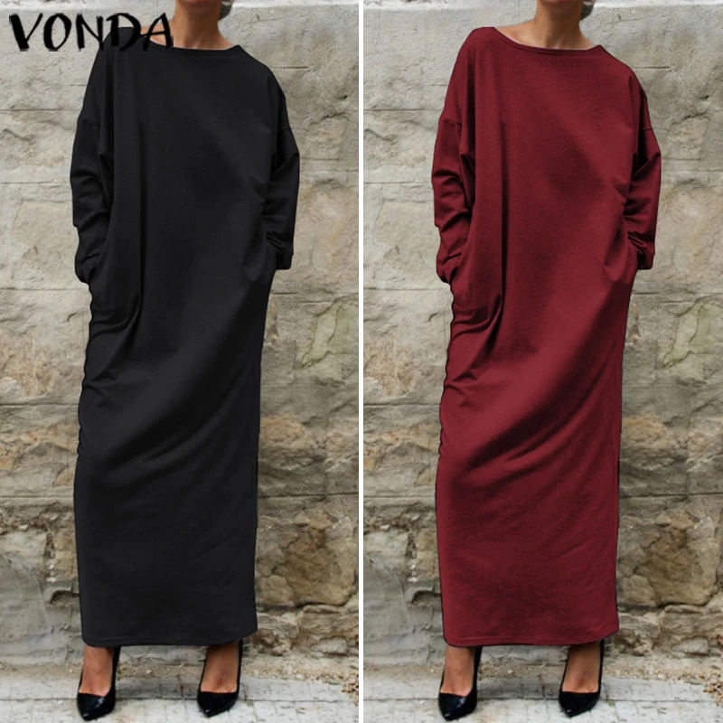 Женское осеннее длинное платье VONDA модное платье-рубашка с круглым вырезом и