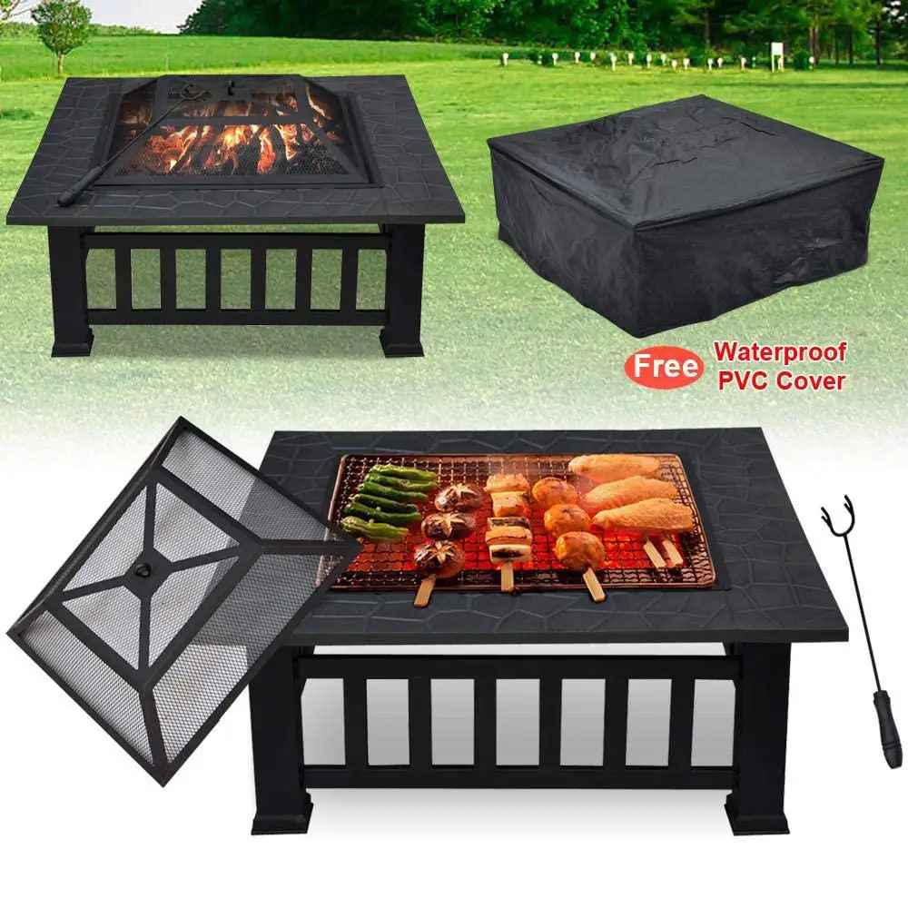 

Square Fire Pit Table Backyard Patio Garden Stove Wood Burning Fireplace Fire Pit Wood Burning Steel BBQ Grill Firepit with Lid