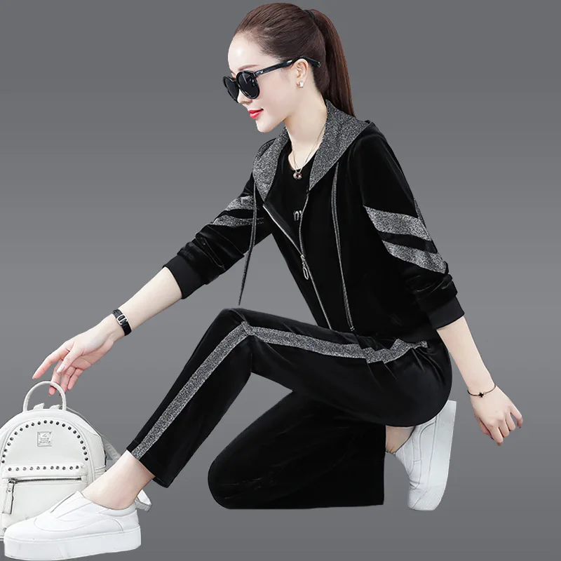 

Golden velvet sports suit women's new style western style hooded in spring and autumn, Korean version, loose and thin