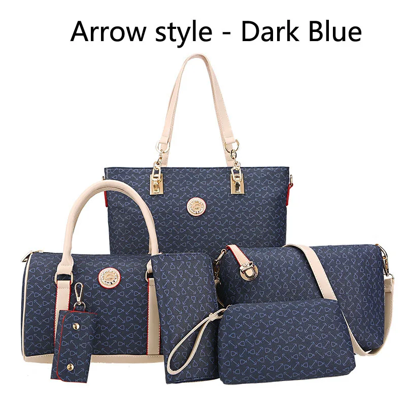 Arrow-Dark Blue-6pcs Autumn New Fashion Women's Bag 6 Piece Set Plaid Bag Lady Slung Hand Bag Shoulder Messenger Composite Bag - Цвет: Arrow-Dark Blue-6pcs