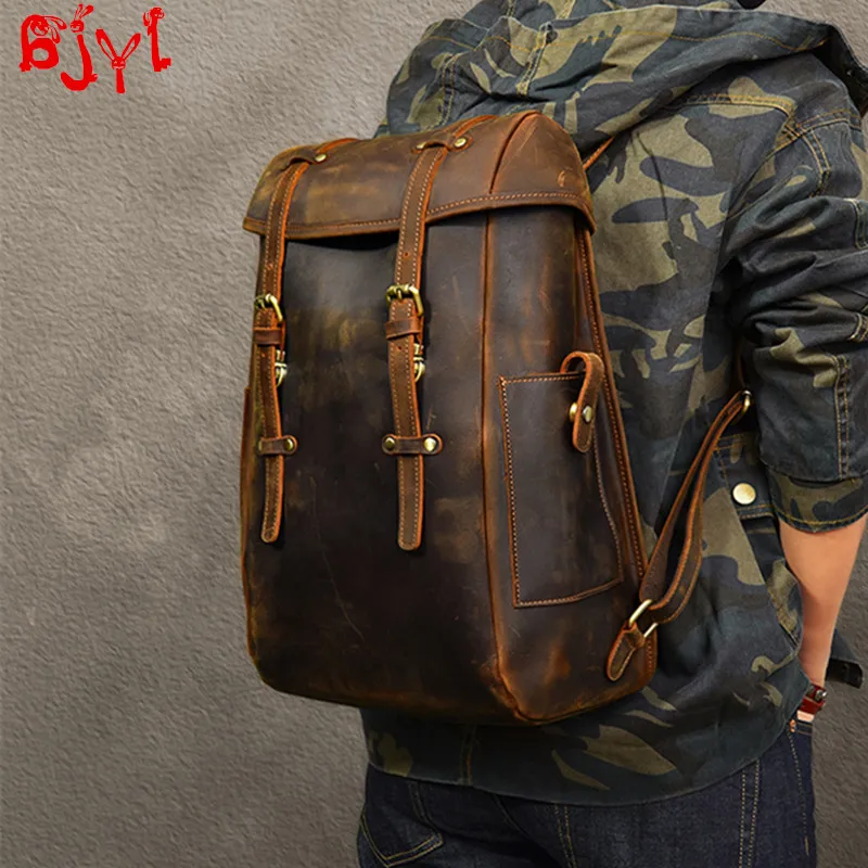 

Personalized Leather Men Backpack Laptop Bag Cover Nostalgic Bag Classic Travel Backpacks Retro Original Crazy Horse Leather