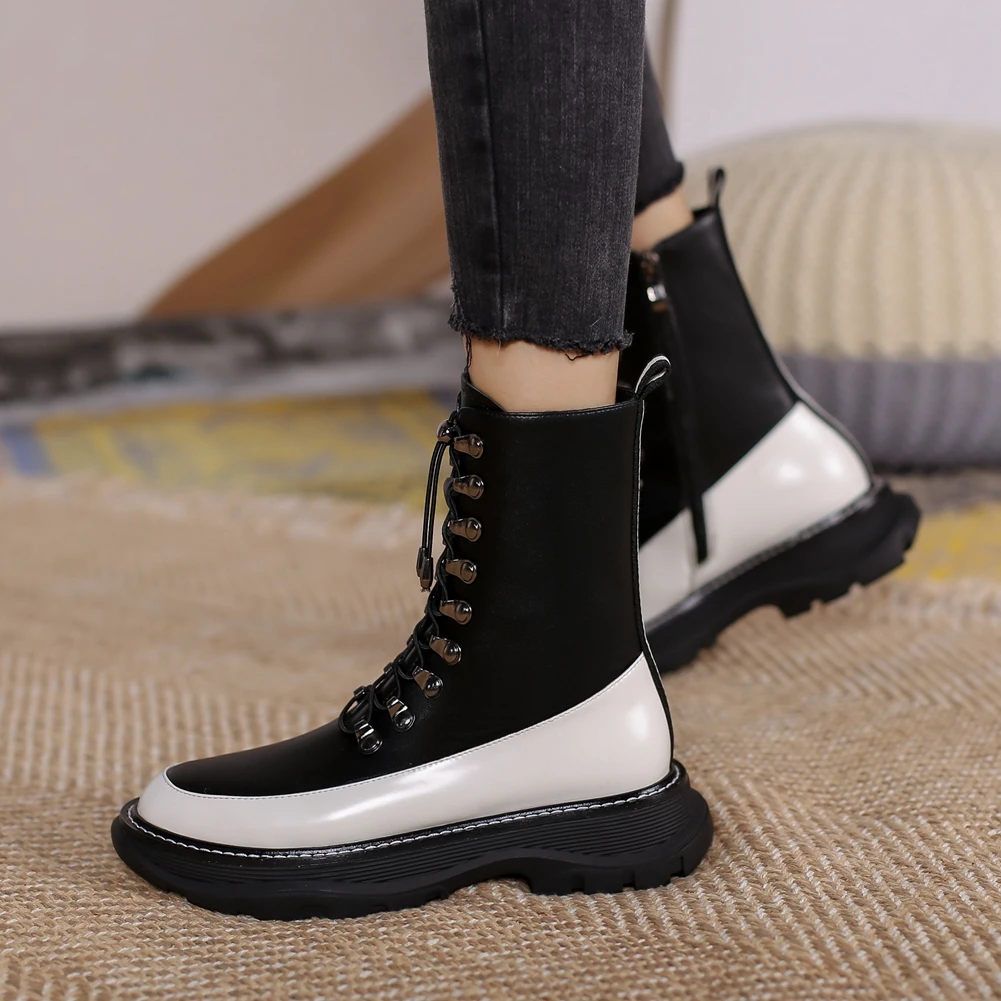

DORATASIA New Ladies Genuine Leather Boots Mixed Colors Shoes Women Round Toe Thick Sole Chunky Heels Cross Tied Zip Shoes Woman