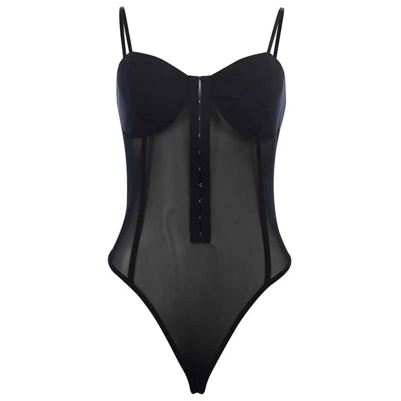 

Mesh Jumpsuit Overalls For Women Sleeveless Bodysuit Body Strap Bodycon Gothic Front Button Holiday Party Female Romper Bodysuit