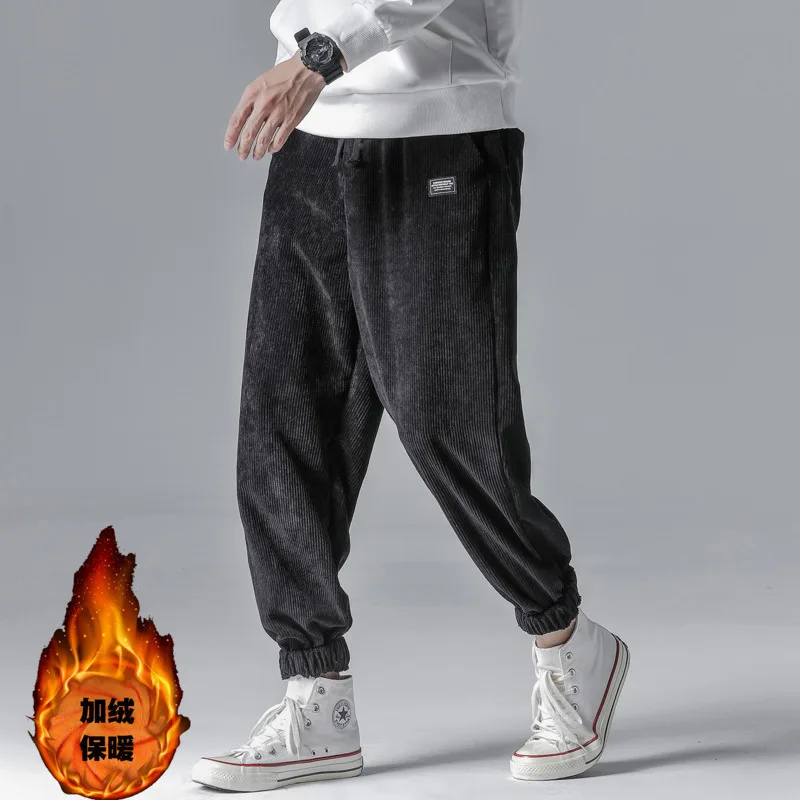 Plus Velvet Corduroy Pants Men's Fashion Solid Color Retro Casual Pants Men Streetwear Loose Hip Hop Trousers Large Size M-5XL