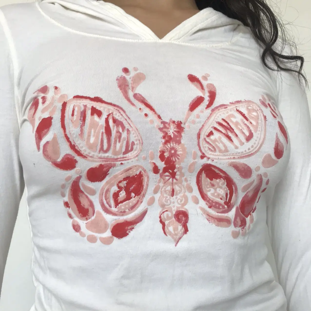 

Women Butterfly Printed Pattern Dress, White Long Sleeve Close-fitting Hooded