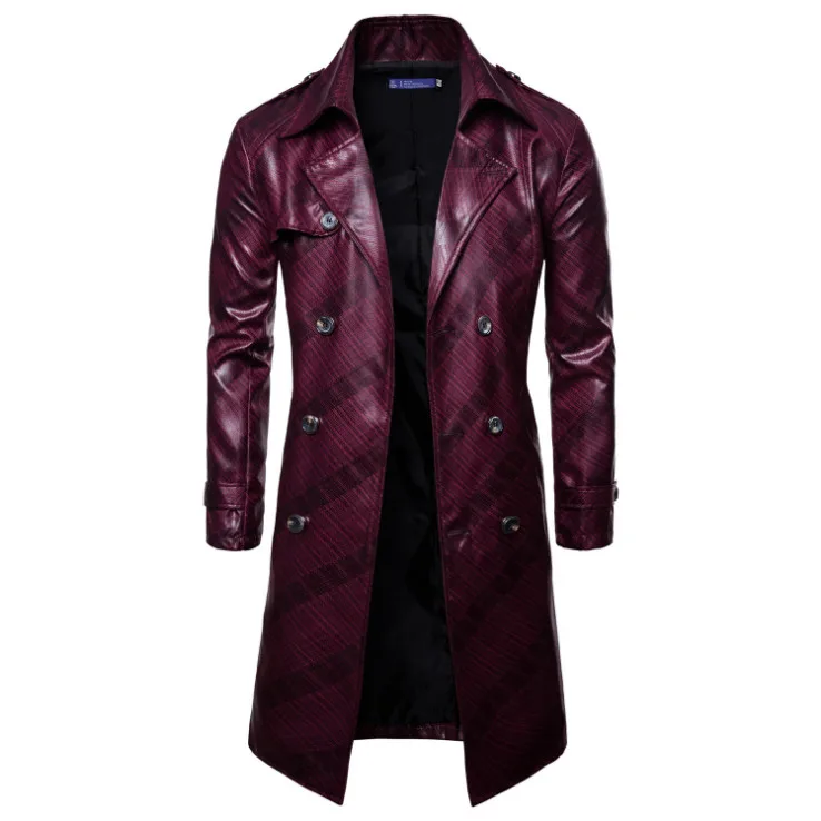

Europe/US Size Pop Design Game Leather Jacket Men Casual Double Breasted Long Windbreaker Leather Jacket Motorcycle Jacket Male