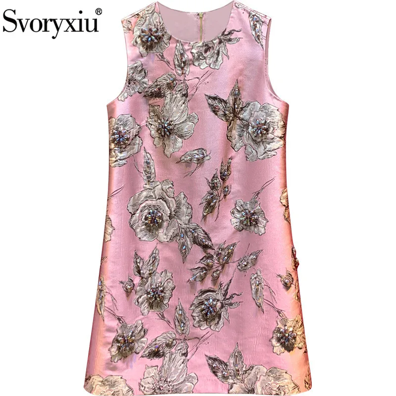 

Svoryxiu Designer Autumn luxury Party Dresses Women's High-End Crystal Beaded Flower Print Jacquard Vintage A-Line Dress