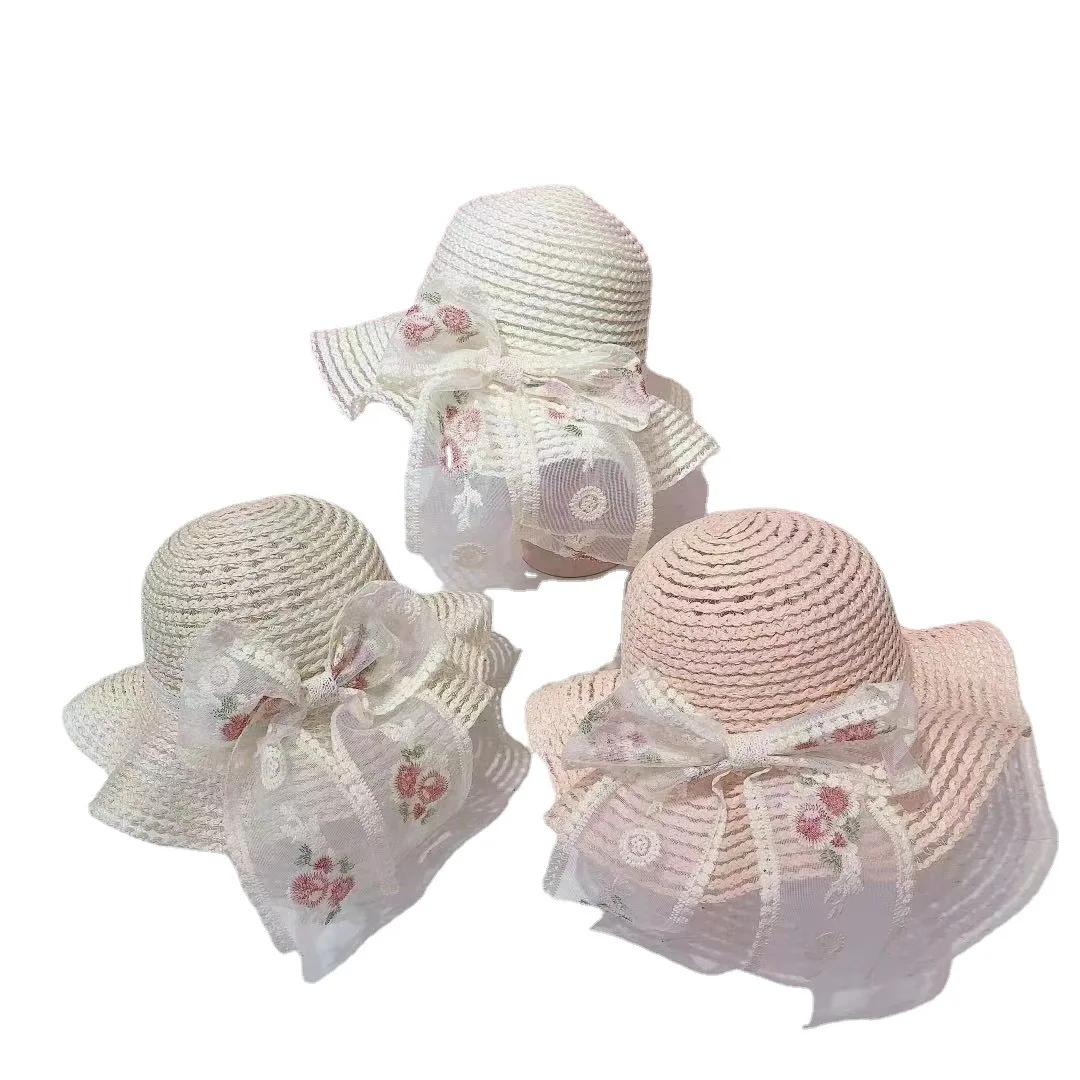 

Girls Summer Cap Flower Lace Decorate Wavy Straw Hats For Girls Children Panama Hat Kids Sun Cap Baby Beach Gorras Accessory