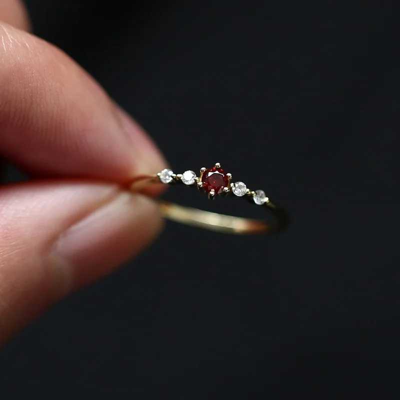 

925 Sterling Silver French Simple Red Crystal Ring Women Exquisite Jewelry Accessories Small Cute Proposal 14k Gold Plated