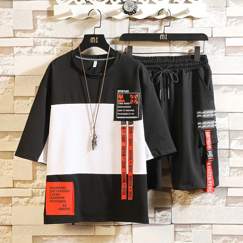 

streetwear 2pcs set men Short-sleeved Shorts Two-piece Suit Male Summer Student Youth Hip Hop Sports Style Of All Matching