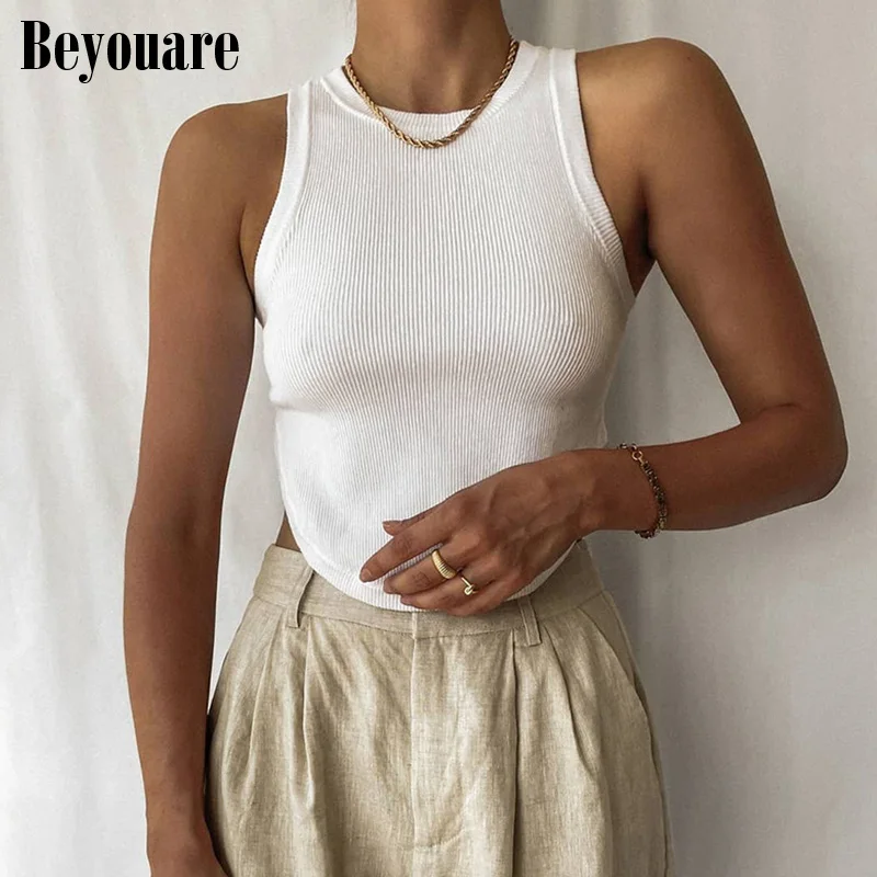 

Beyouare Women Tank Casual Asymmetrical O Neck Sleeveless Skinny Cropped Top 2021 Summer Solid Sexy Sports Base Vest Accessories