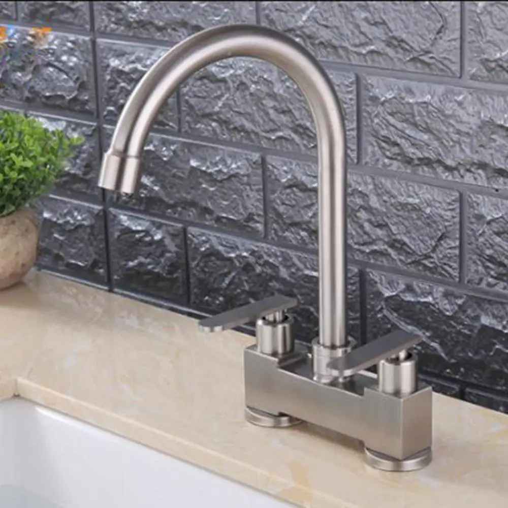 

double hole faucet mixer Hot and cold Brushed bathroom wash basin tap Double switch thick chassis 304 stainless steel