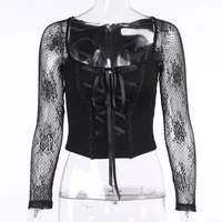 goth vintage elegant black lace up gothic top sexy mesh see through long sleeve women autumn hollow out bodycon basic top goth