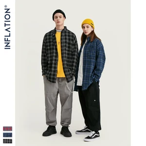 Мужская клетчатая рубашка INFLATION, хлопковая Свободная рубашка оверсайз с длинным рукавом, модель 004W17 на осень