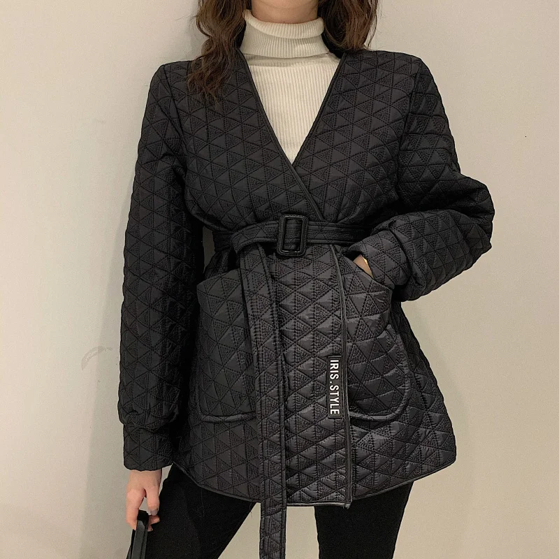 [EWQ] 2020 Весенняя Новинка милое пальто с v-образным вырезом и поясом длинным рукавом